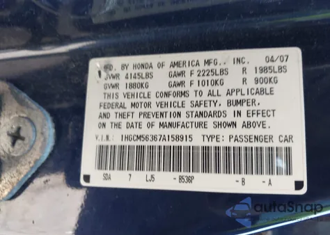 2007 Honda Accord 2.4 Se from USA, damaged, VIN 1HGCM56367A158915